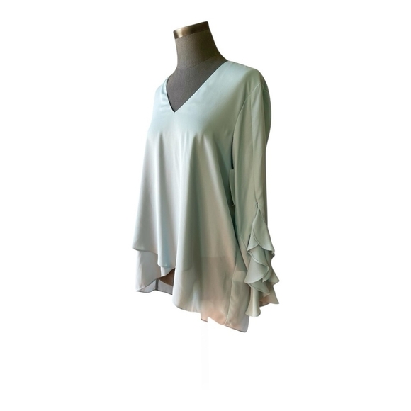 NWT Women’s Blouse Karen Kane Asymmetrical Teal Crepe Rushed Sleeve V-Neck Top - Picture 5 of 9